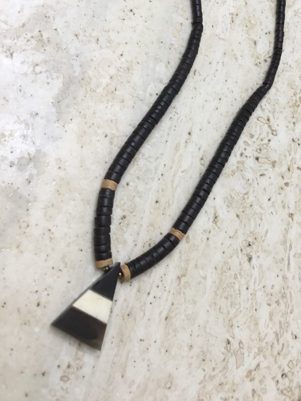 Heishi-Beaded Necklace with Triangular Pendant With Off White Striped Inlay